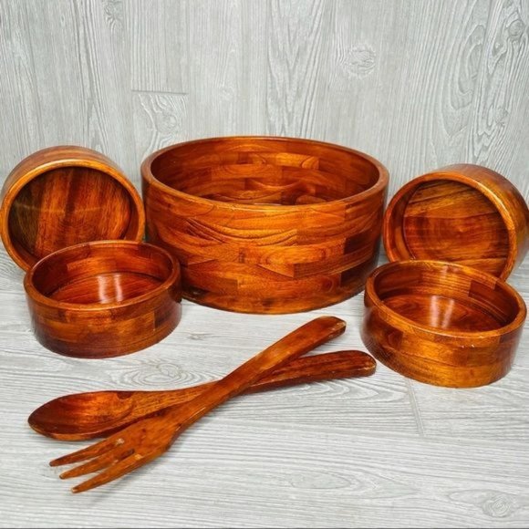 Vintage wooden glossed large salad bowl and 4 serving bowl with fork and spoon - Picture 1 of 8